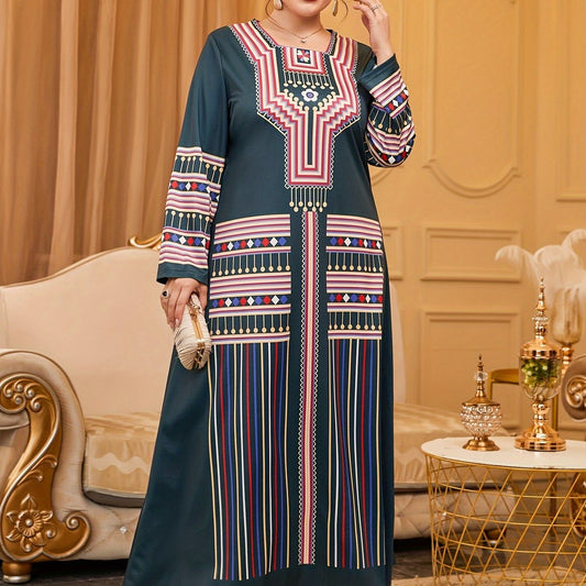 Geometric Print Abaya Dress Long Sleeve Square Neck Maxi