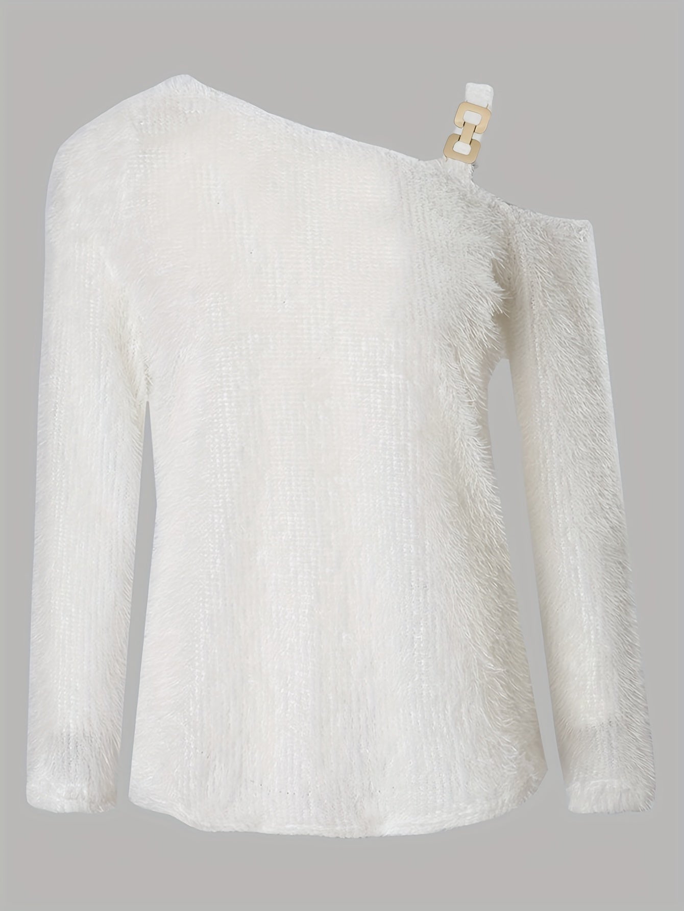 Solid Eyelash One Shoulder Metal Decor Sweater