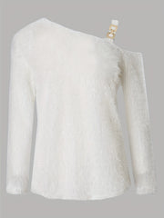Solid Eyelash One Shoulder Metal Decor Sweater