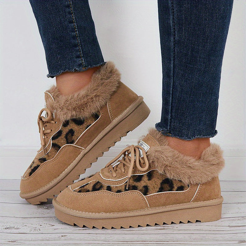 Women's Leopard Print Snow Boots Plush Lined Ankle Winter Shoes