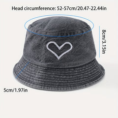 Heart Print Couple Bucket Hat Distressed Cotton Fisherman Cap