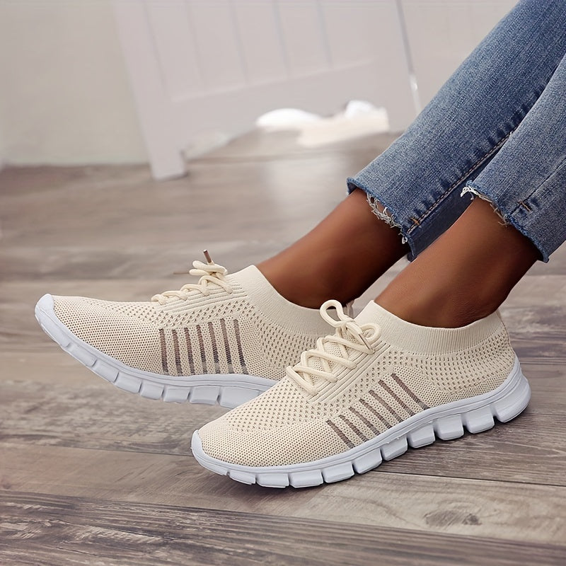 Women's Knitted Sports Shoes Lightweight Lace Up Low Top Running Shoes