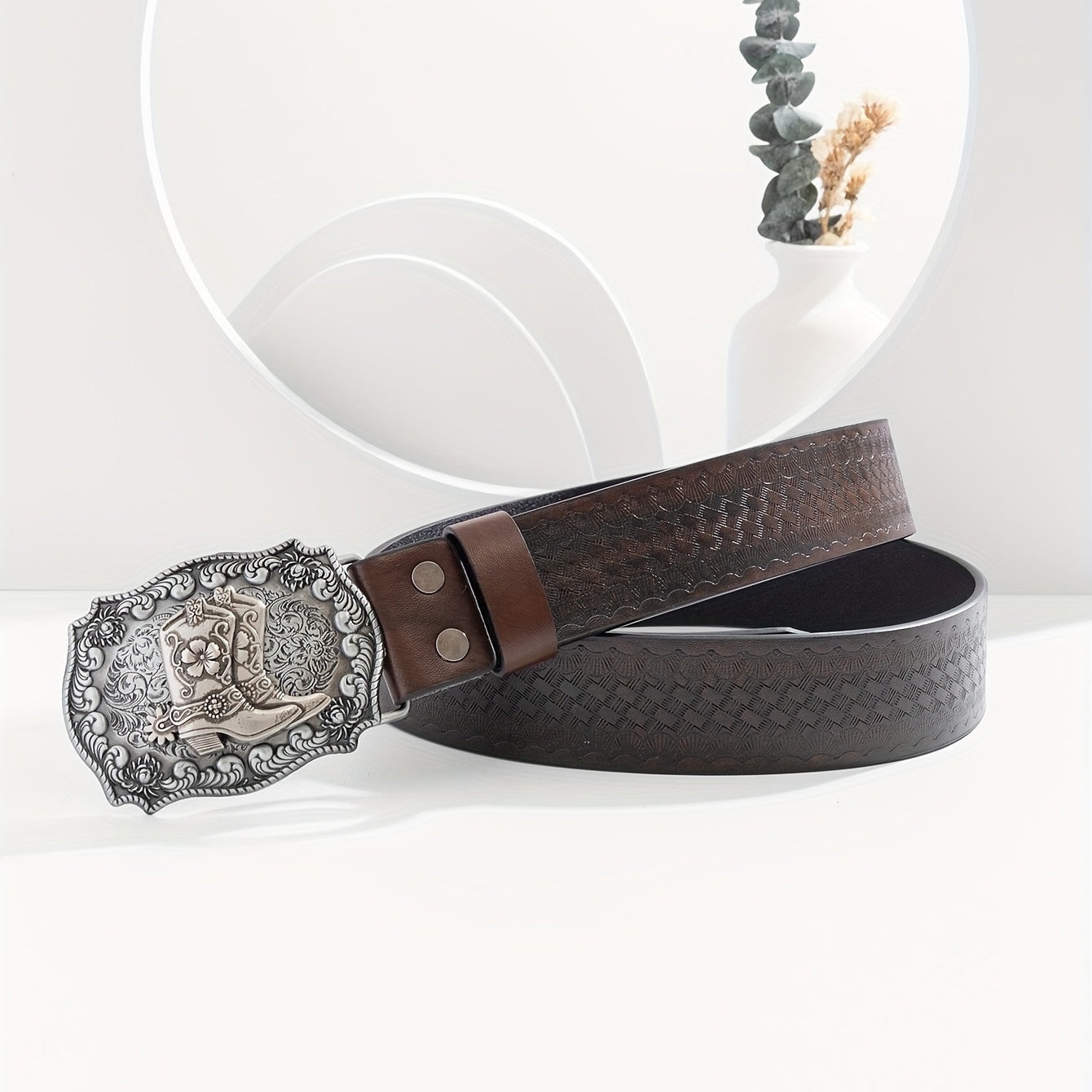 Men's Floral PU Leather Boost Belt Casual Jeans Cowboy Waist Strap