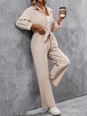 2-Piece Solid Button Up Blouse & Wide Leg Pants Set