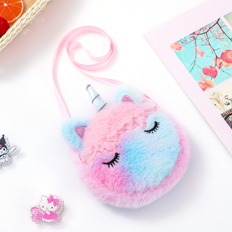 Girls Plush Unicorn Crossbody Bag Coin Purse With Zippers
