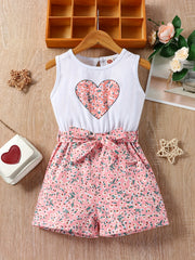 Toddler Girls Floral Heart Graphic Romper Sleeveless Jumpsuit for Beach Vacation