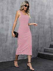 Striped Print Split Dress Sexy Squared Neck Sleeveless Dress Women's Clothing