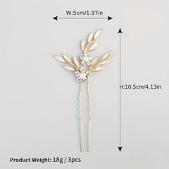3pcs Rhinestone Flower & Leaf Hair Pin Bridal Wedding Accessory