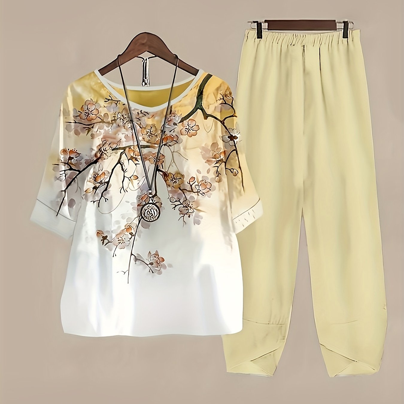 Floral Print Blouse & Elastic Waist Pants Set