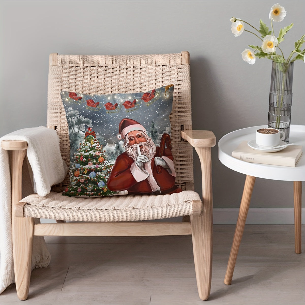 Christmas Tree Santa Claus Print Pillow Cover for Home Decor