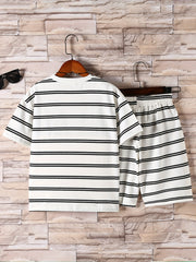 Boys Block Striped Outfit Shorts & T shirt Crew Neck Casual Summer Clothes