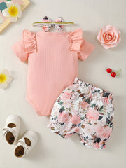 3pcs Baby Infant Girls Casual Onesie & Floral Shorts Set