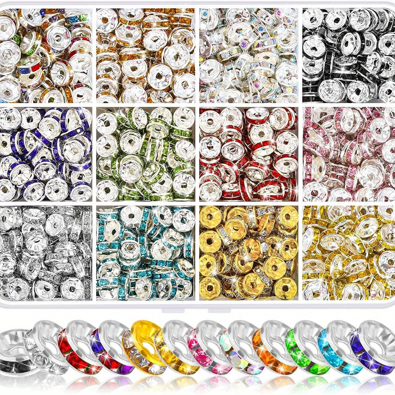 8mm Rhinestone Spacer Beads for Jewelry Making - 720pcs, 12 Colors
