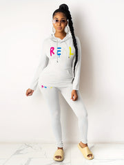 Colorful Letter Print Two piece Set Drawstring Hoodies & Pants