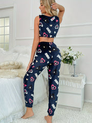 Heart Print Fuzzy Pajama Set Tank Top & Pants