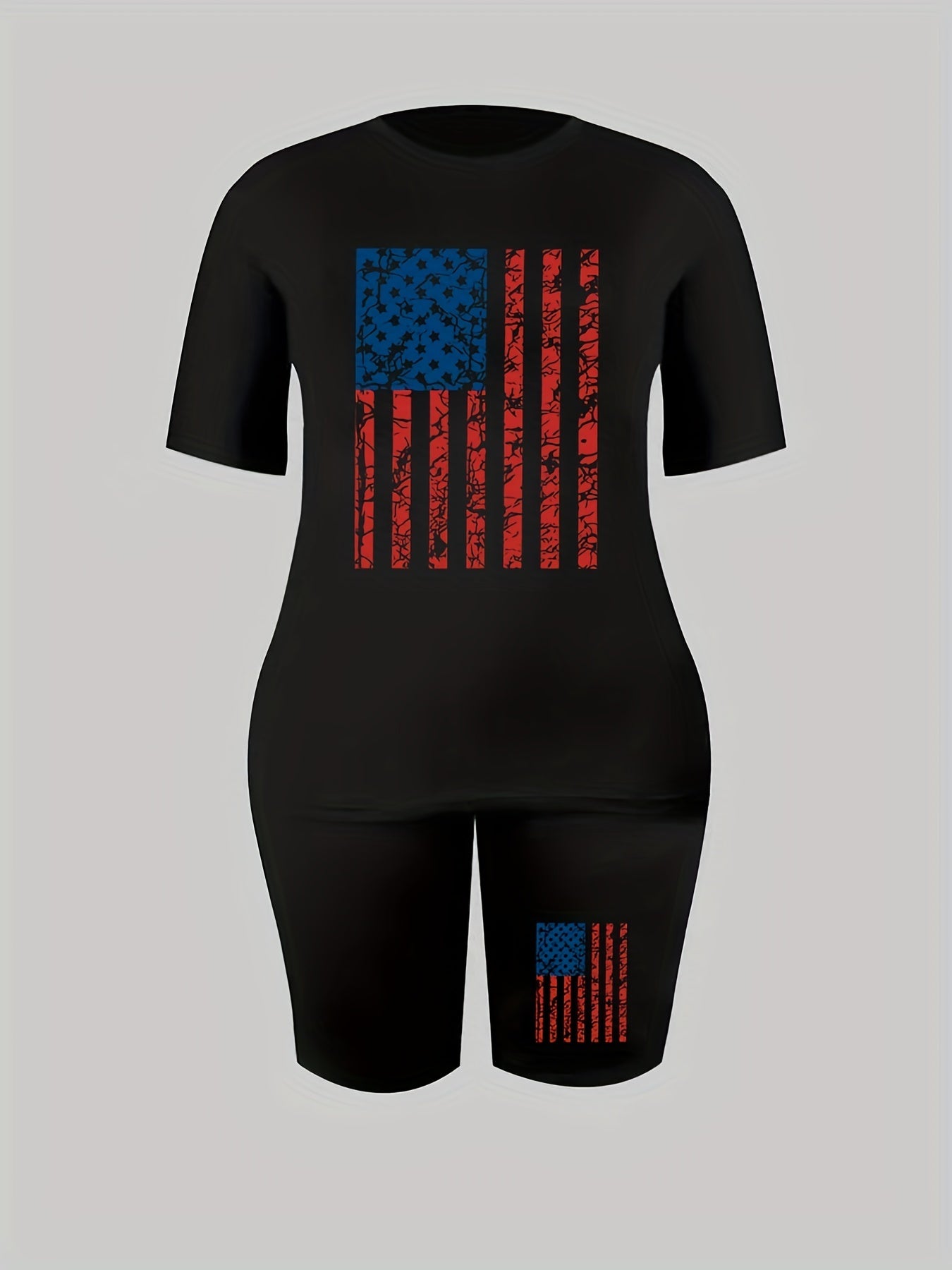 Women's Plus Flag Print Crew Neck Top & Shorts Two Piece Set