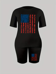 Women's Plus Flag Print Crew Neck Top & Shorts Two Piece Set