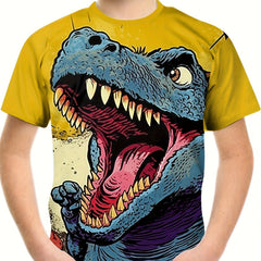 Comics Dinosaur Print Boy's T shirt Kids Casual Short Sleeve Summer Top