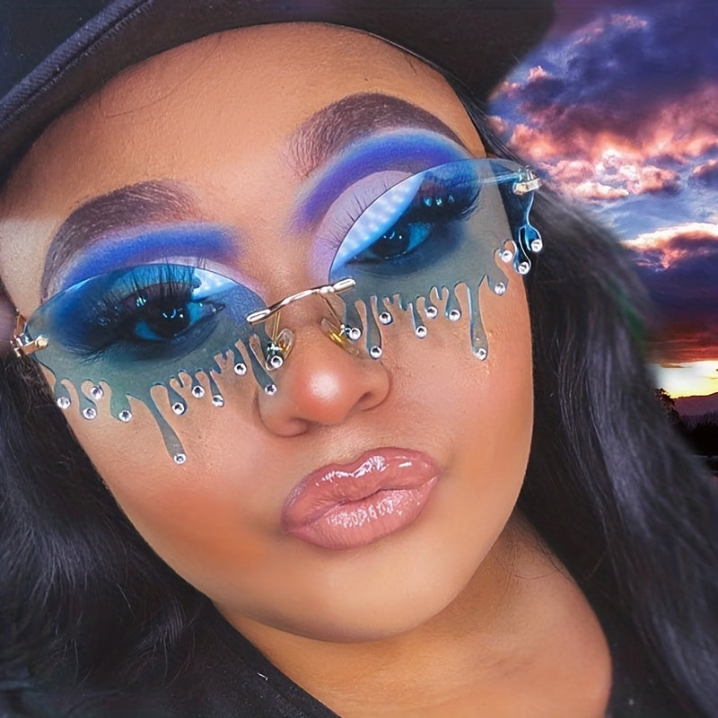 Rhinestone Rimless Flame Sunglasses for Women Men