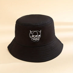 Skull Embroidery Bucket Hat Cotton Foldable Basin Hat