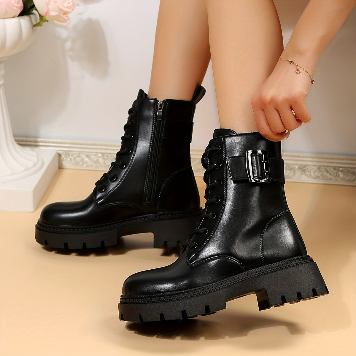 Women's Platform Combat Boots Side Zipper & Lace Up Ankle Boots