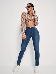 Whiskering Dark Wash Skinny Jeans Water Ripple Embossed Denim Pants