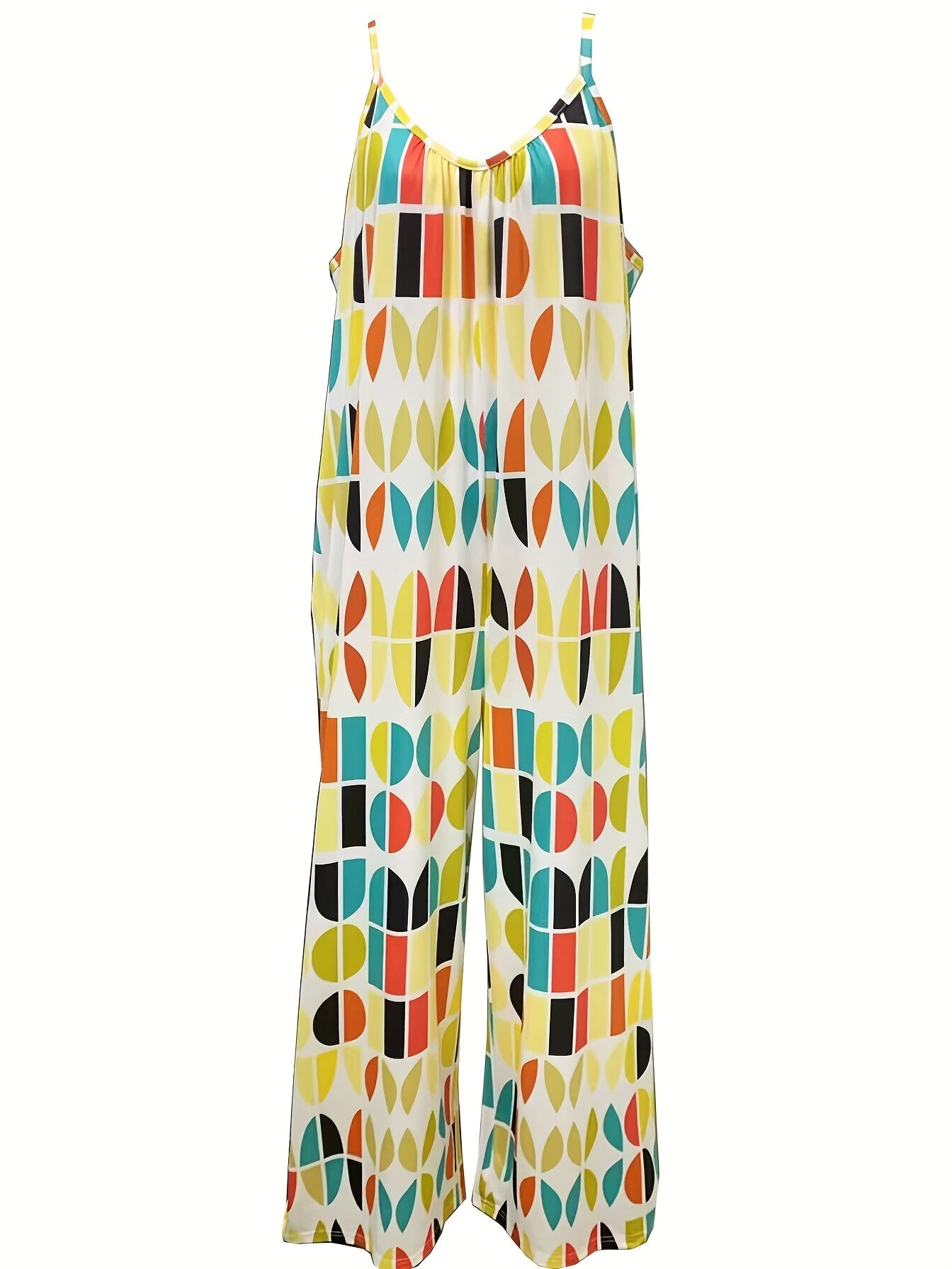 Women's Plus Geometric Print V Neck Wide Leg Jumpsuit with Pockets