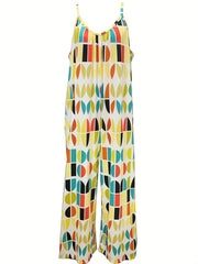 Women's Plus Geometric Print V Neck Wide Leg Jumpsuit with Pockets