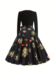 Snowflake Print Knot Front Long Sleeve Round Neck A line Maxi Dress