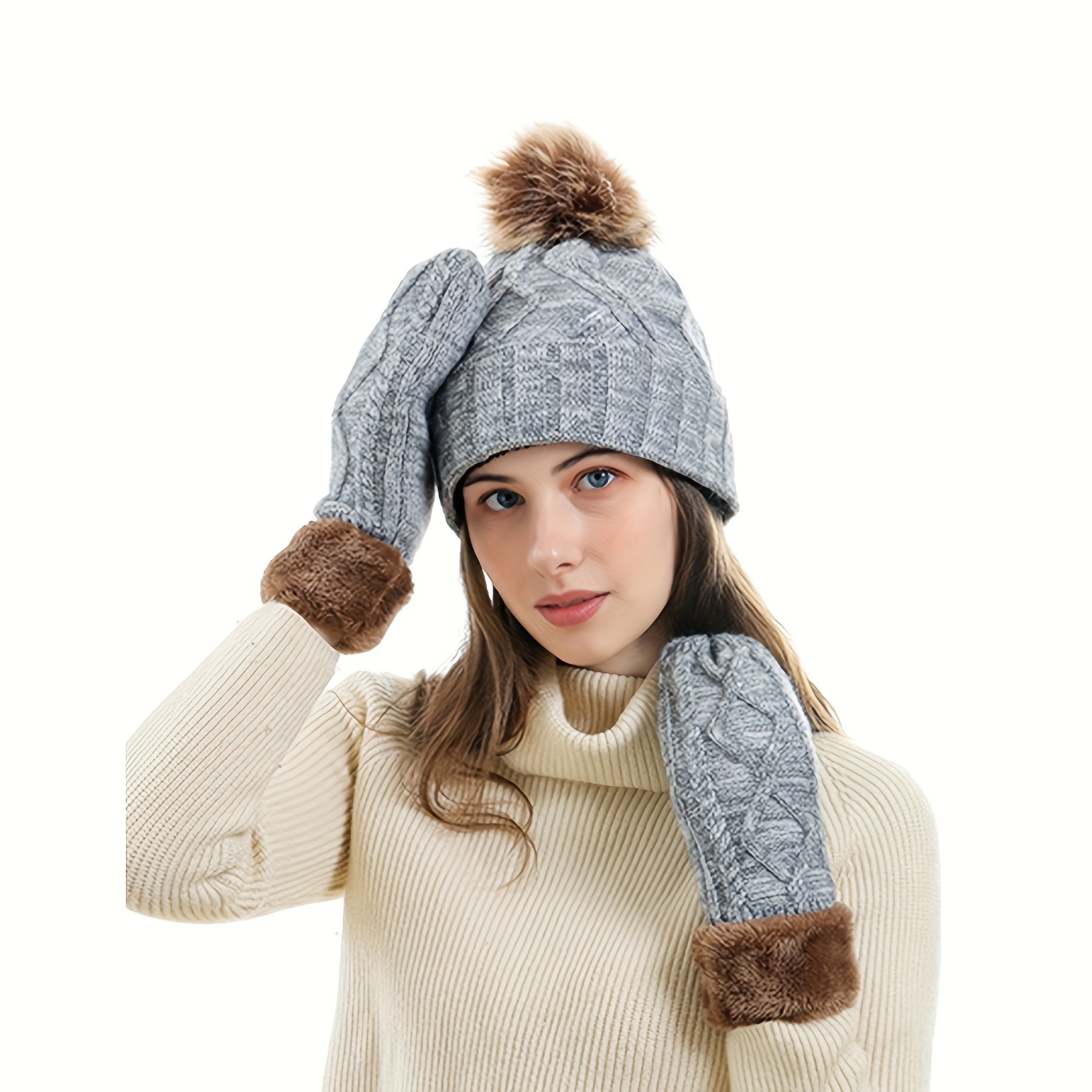 3pcs Ribbed Beanie Scarf Gloves Set Knit Pom Pom Decor Elastic Coldproof