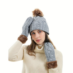 3pcs Ribbed Beanie Scarf Gloves Set Knit Pom Pom Decor Elastic Coldproof