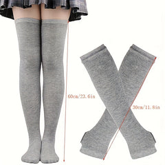 Teenagers Colorful Striped Thigh High Stockings & Fingerless Gloves Set