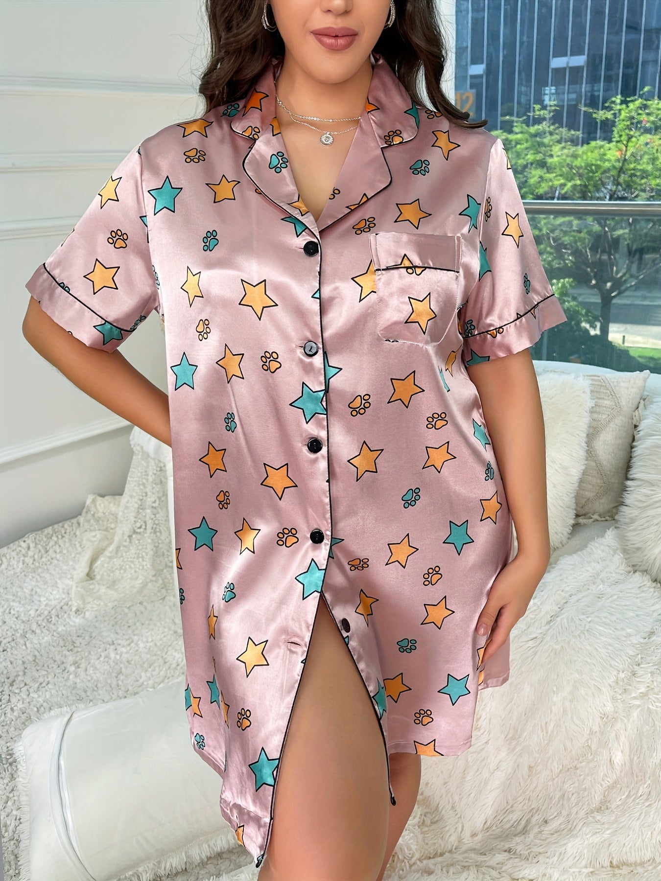 Star & Paw Print Nightdress V Neck Short Sleeve Sleep Dress