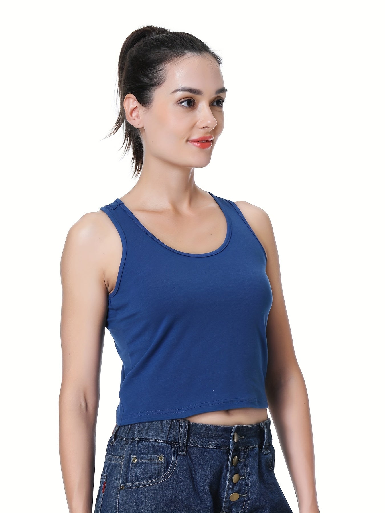 Solid Crop Tank Top Crew Neck Summer Sleeveless