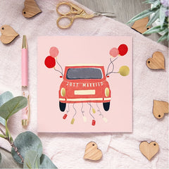 Foil Red Car Just Married Wedding Greeting Card - Newly Weds or Bride and Groom