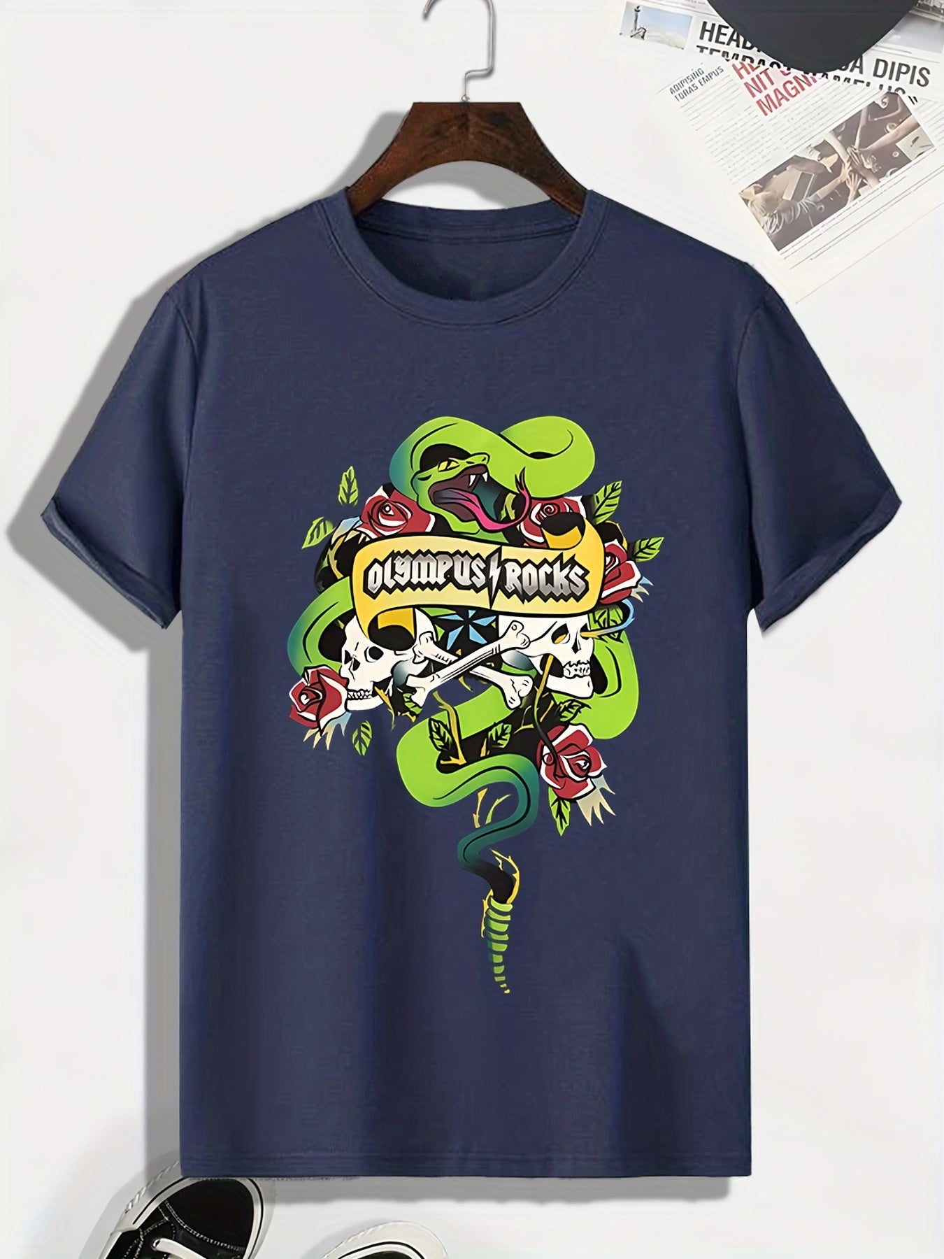 Men's Skull & Snake Print Tee Stretch Breathable Outdoor T-shirt