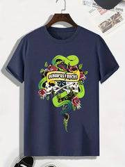 Men's Skull & Snake Print Tee Stretch Breathable Outdoor T-shirt