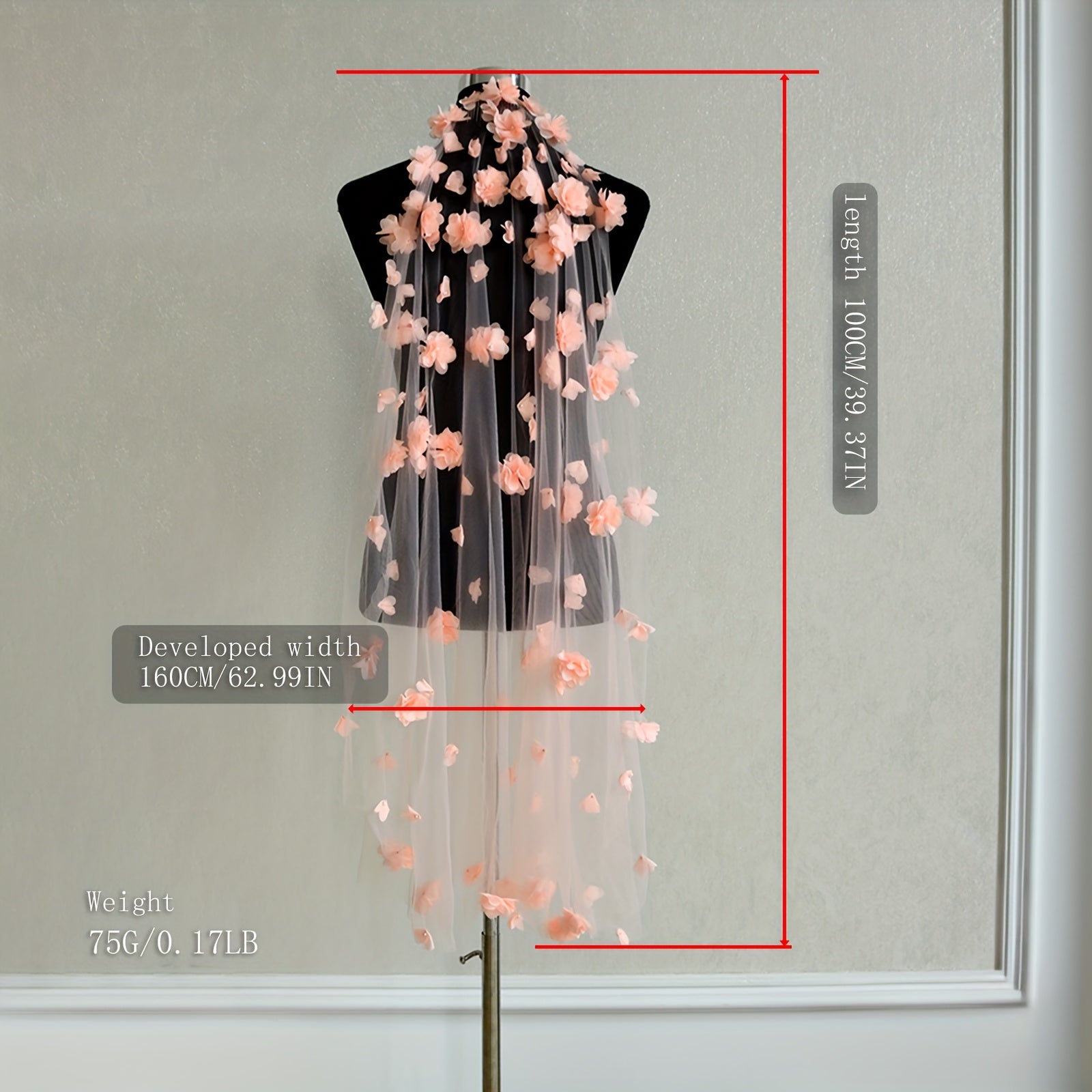 Romantic 3D Floral Bridal Veil Pink Flowers Long Finger Length
