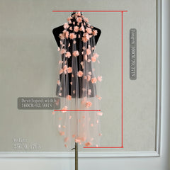 Romantic 3D Floral Bridal Veil Pink Flowers Long Finger Length