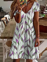 Leaf Print V Neck Casual Dress Plus Size Women