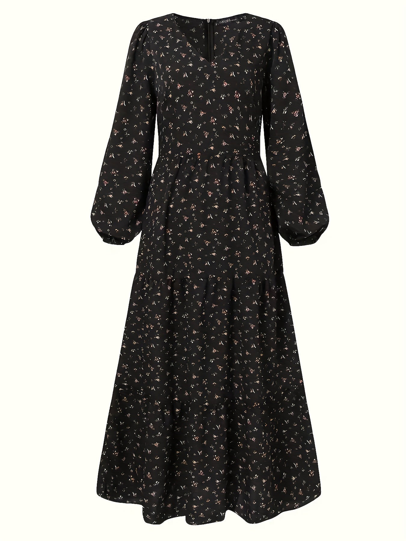 Ditsy Print Lantern Sleeve V Neck Maxi Smock Dress
