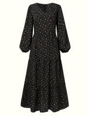 Ditsy Print Lantern Sleeve V Neck Maxi Smock Dress