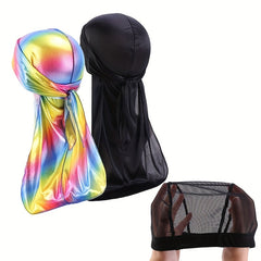 3pcs Silky Durags Wave Cap Set High Stretch Elastic Satin Extra Long Tails