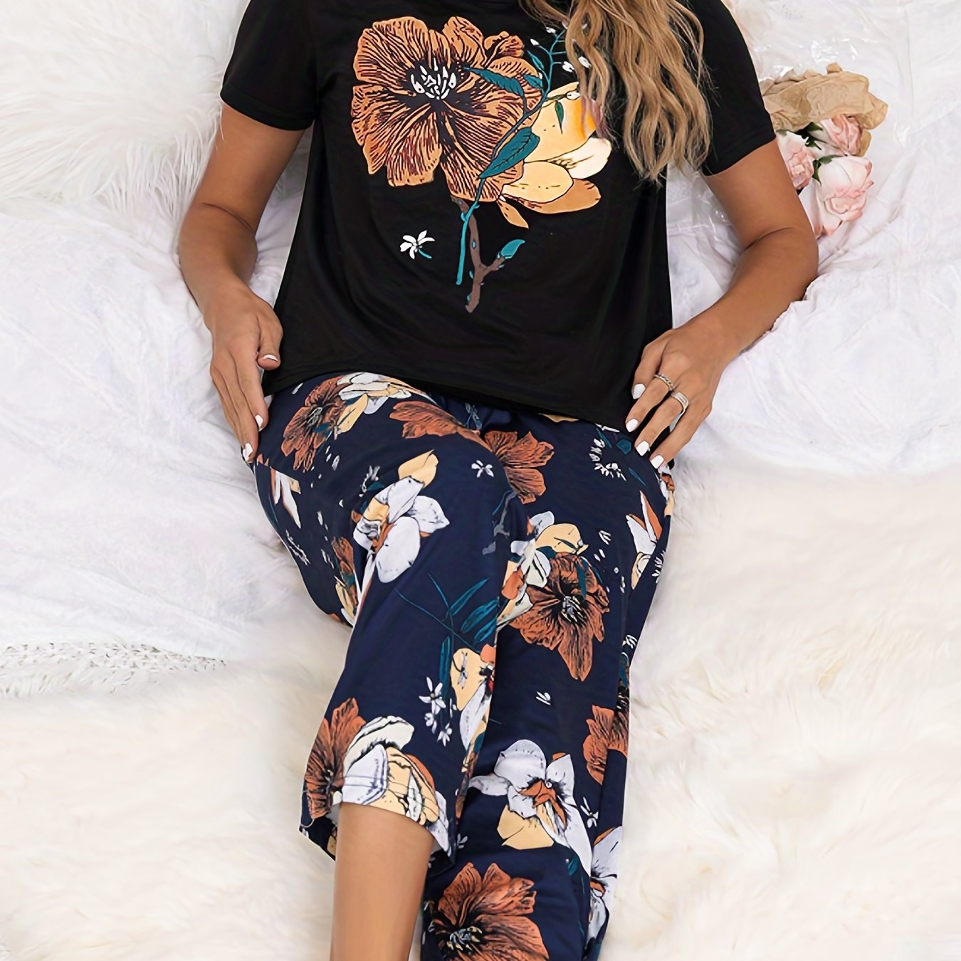 Big Flower Print Lounge Set Colorblock Top & Pants Women's Loungewear
