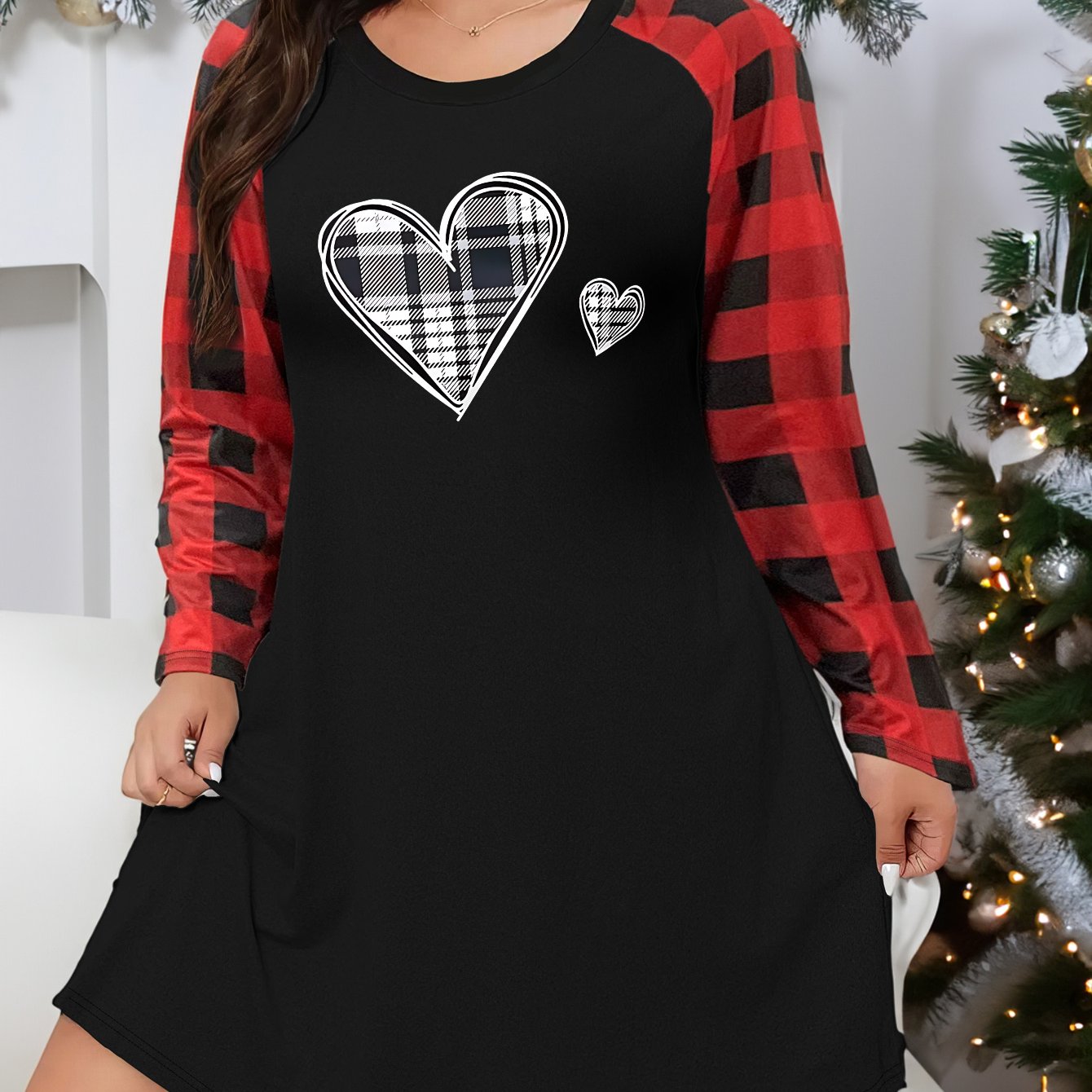 Plaid Heart Print Raglan Sleeve Nightdress