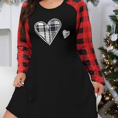 Plaid Heart Print Raglan Sleeve Nightdress