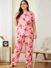 Floral Print Pajama Set Short Sleeve Top & Pants Two Piece