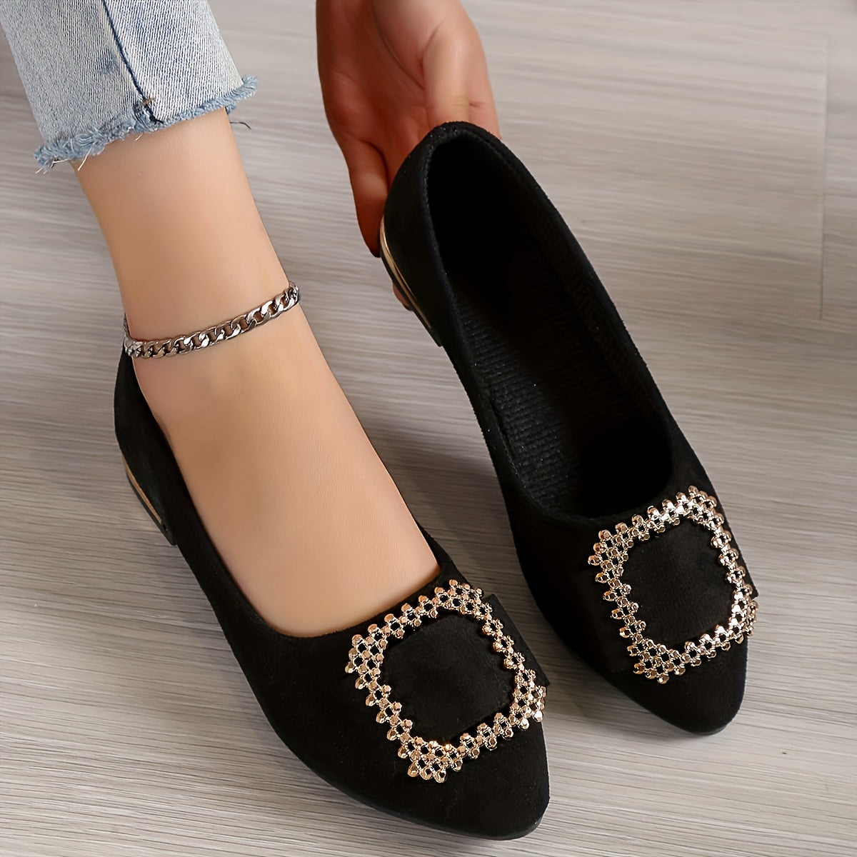 Women's Pointed Toe Ballet Flats Soft Sole Shoes Square Metal Decor