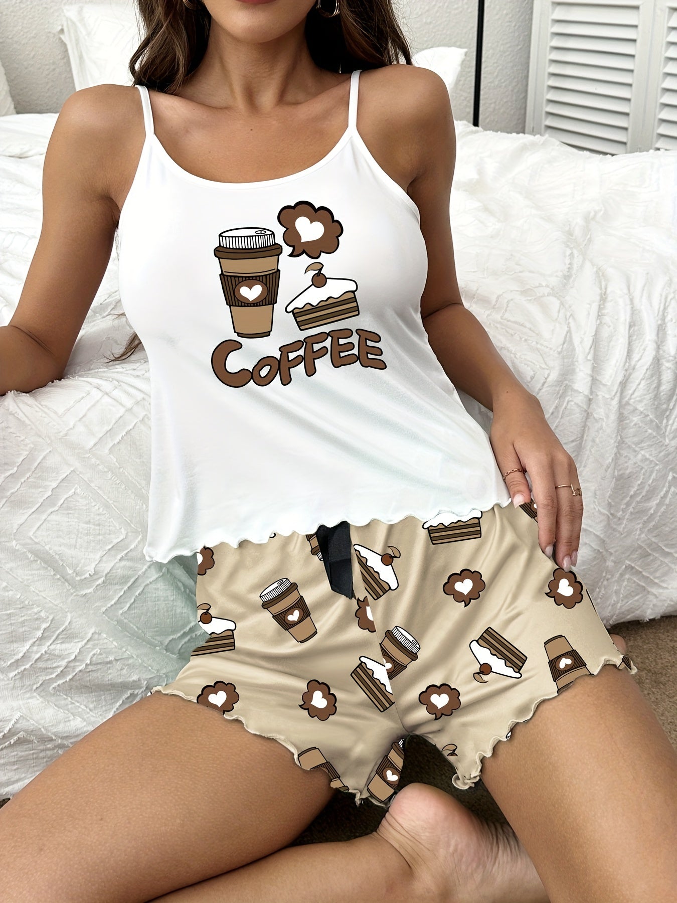 Drink & Cake Print Pajama Set Cami Top & Shorts Women's Sleepwear