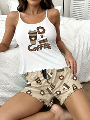 Drink & Cake Print Pajama Set Cami Top & Shorts Women's Sleepwear